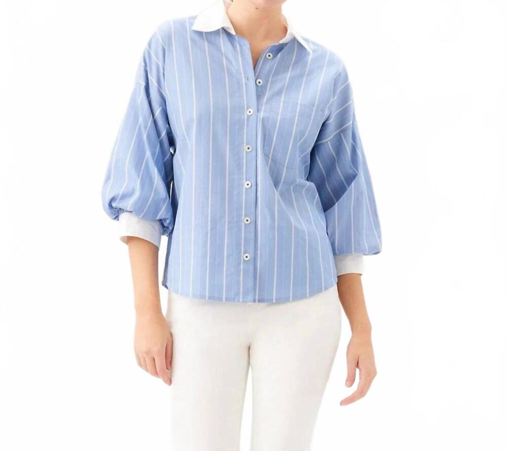 NEW KAREN KANE stripe lantern sleeve button-up shirt in off white w/ blue
